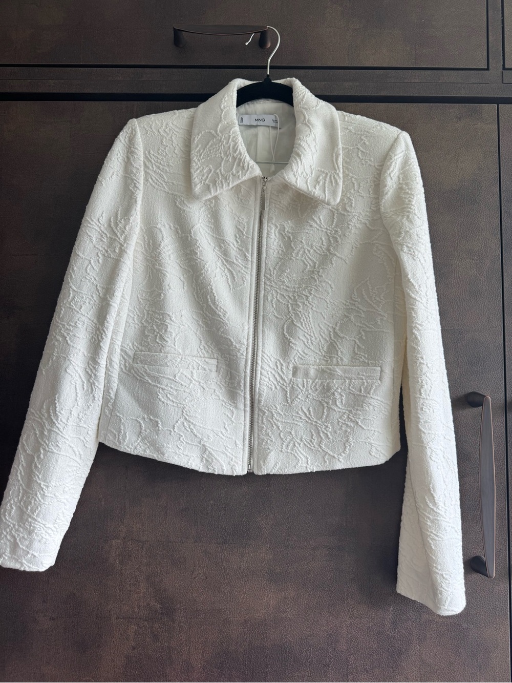 Mango Ivory Cropped Cream Textured Zip Jacket and Mini Skirt Co-Ord Set- Small - Picture 3 of 4